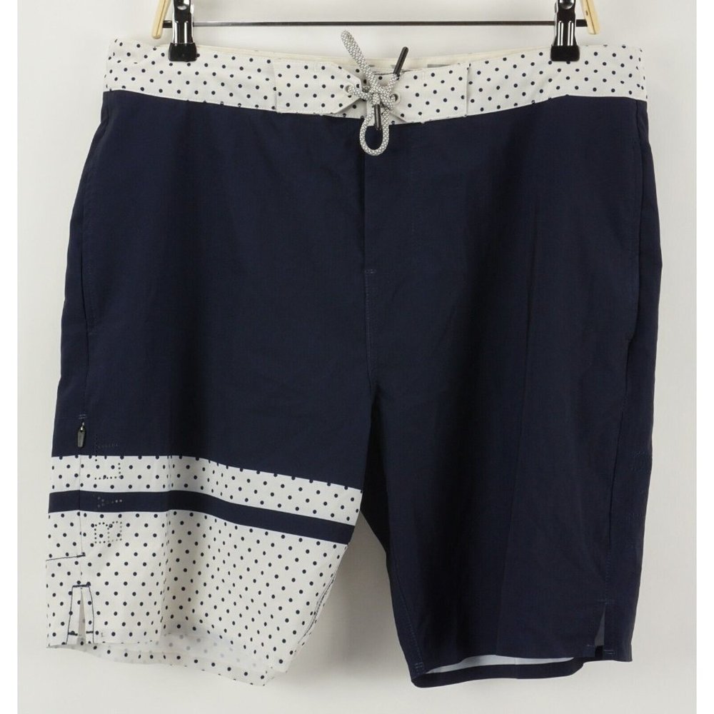 BYLT Coastal Boardshort Mens Large Drawstring Blue White Polka Dot Hybrid Shorts